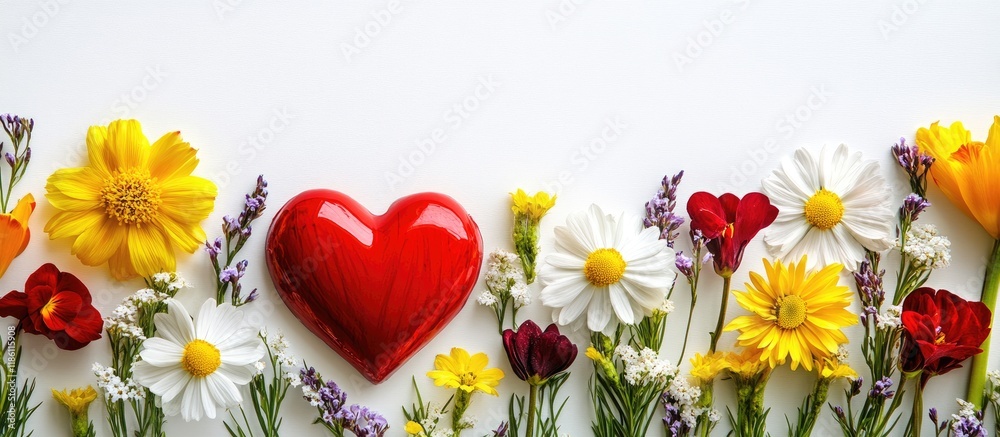 Aufkleber happy valentine s day card featuring spring flowers on a white background with a red heart. with cop