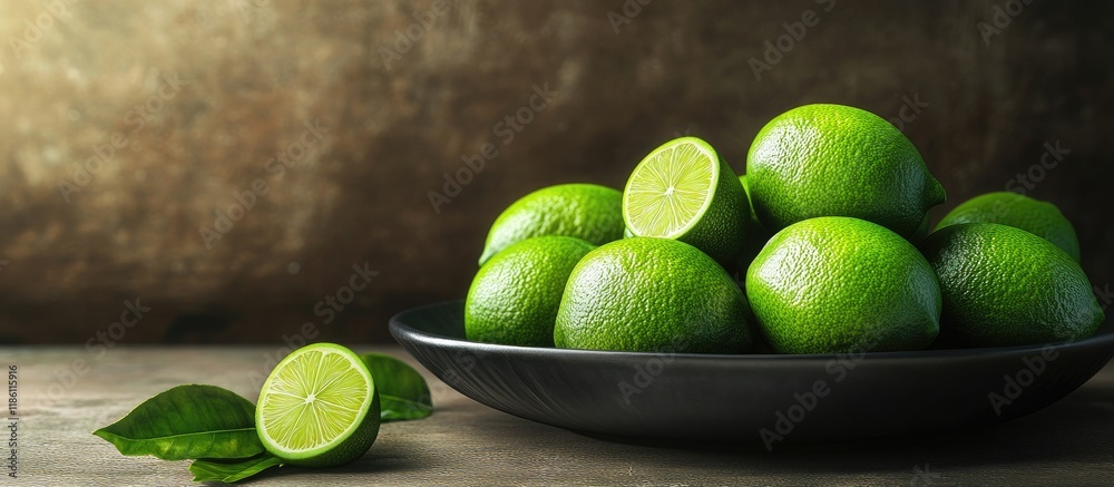 Fototapete fresh limes on a dish. with copy space image. place for adding text or design