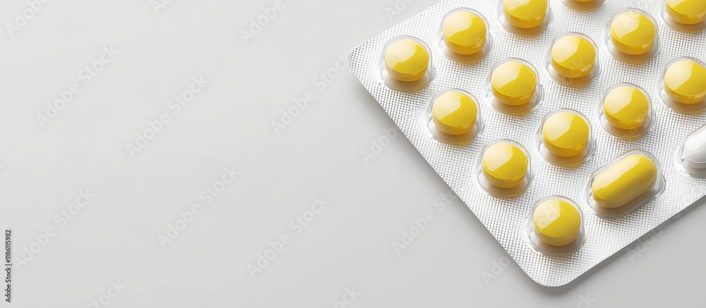 Aufkleber concept of medication and pharmaceuticals yellow antibiotic tablets in a blister pack. with copy spa