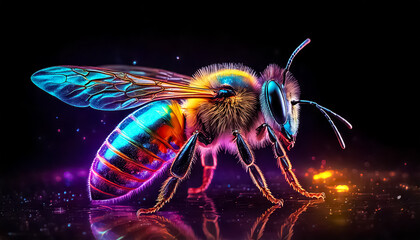 colorful glowing neon bee, dark background