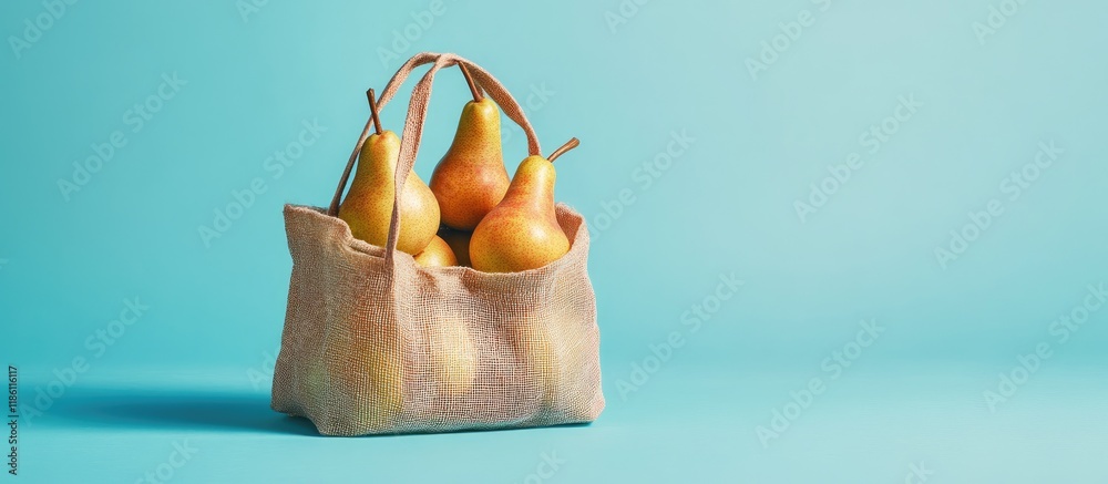 Fototapete Shopping bag containing organic pears on a blue background Zero waste idea. with copy space image. Place for adding text or design