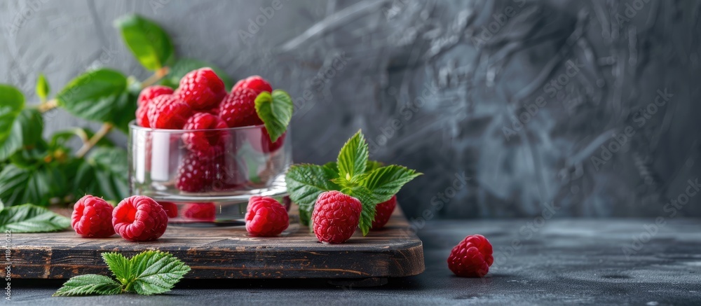 Aufkleber Ripe juicy raspberries in a clear glass on a wooden board with green leaves in the background Dark gray backdrop text space available. with copy space image. Place for adding text or design