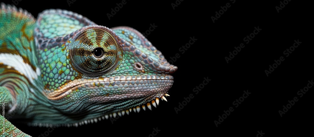 Poster A chameleon portrait Macro photograph of details skin eyes head and colors Chamaeleo chamaeleon Observing an insect. with copy space image. Place for adding text or design