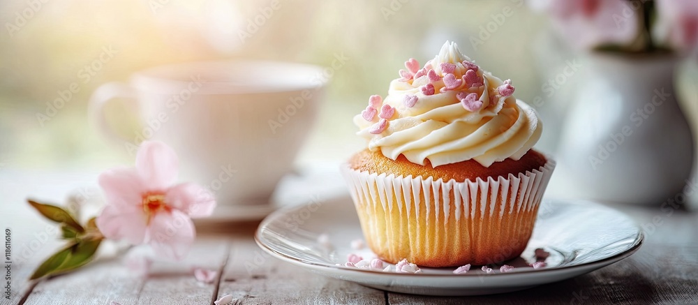 Aufkleber Homemade decorative cupcake with tea. with copy space image. Place for adding text or design
