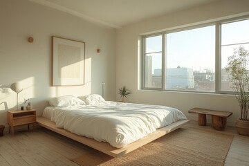 Cozy modern bedroom with a large bed and sunlight streaming through the window