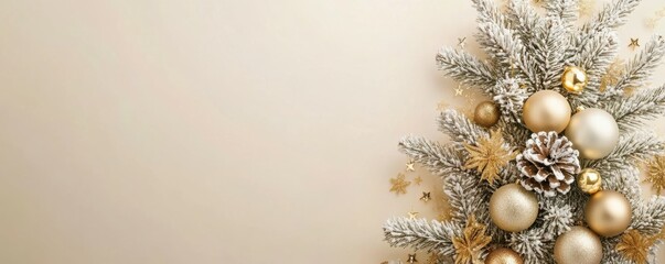 Obraz premium A stylish top view Christmas tree cutout design adorned with sparkling ornaments and golden decorations, set against a soft beige background creating a festive and elegant holiday