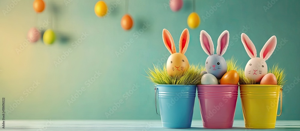 Aufkleber Easter eggs with rabbit ears in colorful buckets selective focus image card wishing a Happy Easter. with copy space image. Place for adding text or design