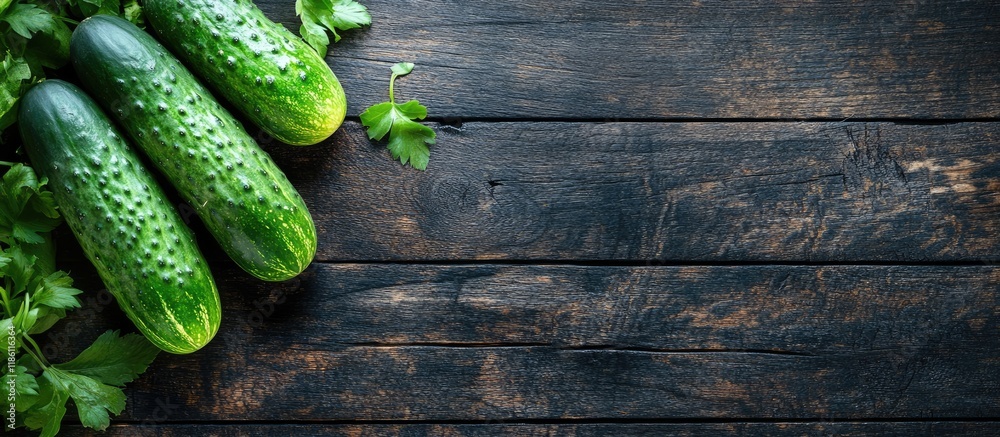 Poster fresh cucumbers on a dark wooden tabletop. with copy space image. place for adding text or design
