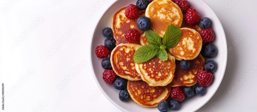 Aufkleber syrniki or cottage cheese pancakes with berries on a white background top view russian and ukrainian