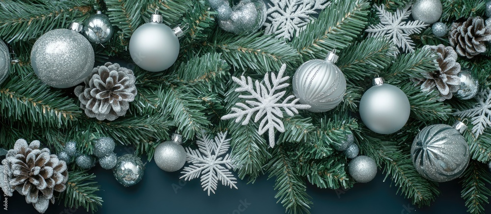 Aufkleber Texture of plastic branches from the Christmas tree and silver toned decorations. with copy space image. Place for adding text or design