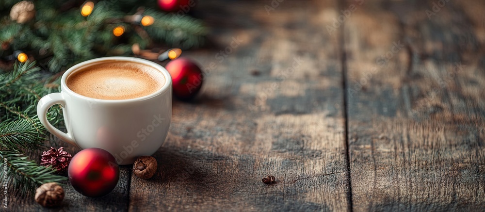 Poster cup of coffee with christmas decor on a wooden table against a grunge background. with copy space im