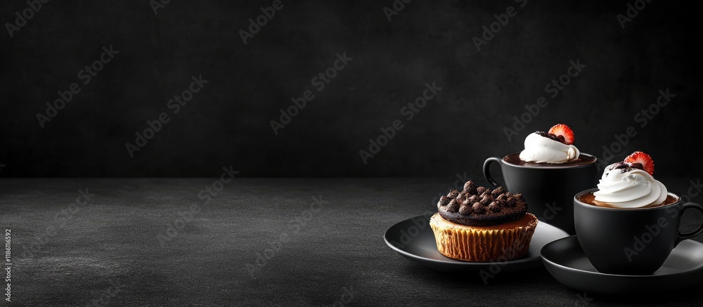 Poster black coffee and desserts set against dark backgrounds. with copy space image. place for adding text