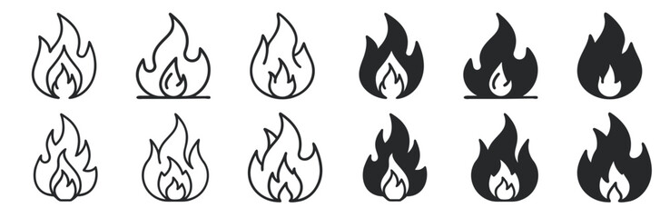 black and white Fire icons set silhouette vector