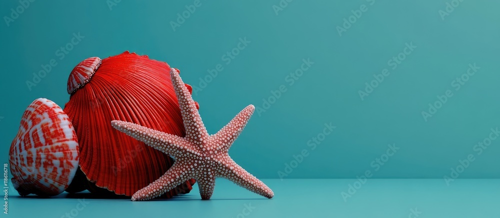Poster red seashell and starfish. with copy space image. Place for adding text or design
