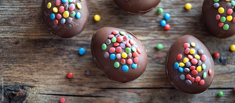 Poster chocolate easter eggs decorated with colorful candies on a wooden surface. with copy space image. pl