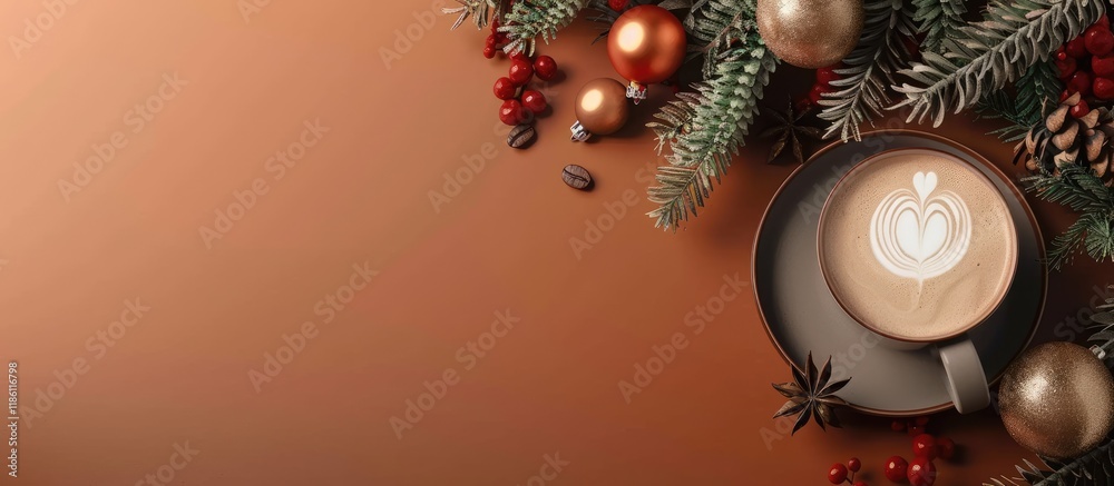 Poster brown colored coffee and Christmas tree. with copy space image. Place for adding text or design