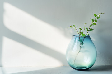 A frosted glass vase with a soft gradient of blue and green hues, standing in front of a neutral white wall.