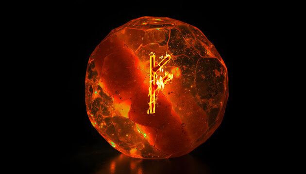 Burning fehu rune on a magic crystal
