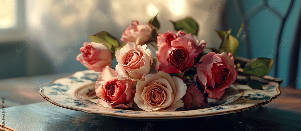 Poster romantic table arrangement featuring a bouquet of roses on an antique plate. with copy space image. 