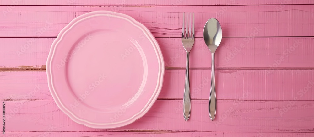 Fototapete Empty plate accompanied by a fork and knife Pink wooden backdrop featuring the plate silver fork and knife with copy space above in a top view perspective
