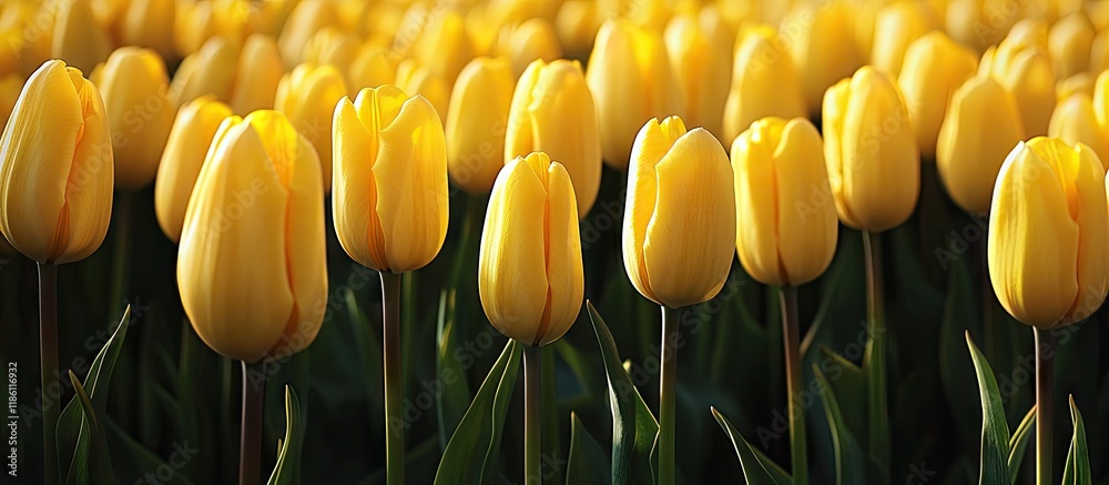 Fototapete Rows of yellow tulips in the countryside of the Netherlands. with copy space image. Place for adding text or design