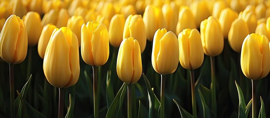 Obraz premium Rows of yellow tulips in the countryside of the Netherlands. with copy space image. Place for adding text or design