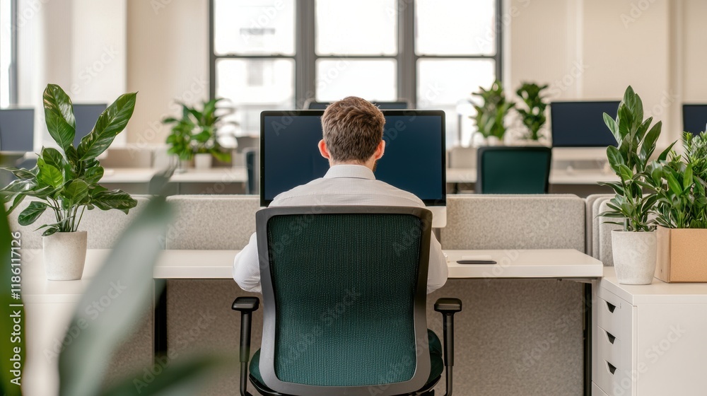 Poster Office worker sitting at desk with computer in modern workspace with plants