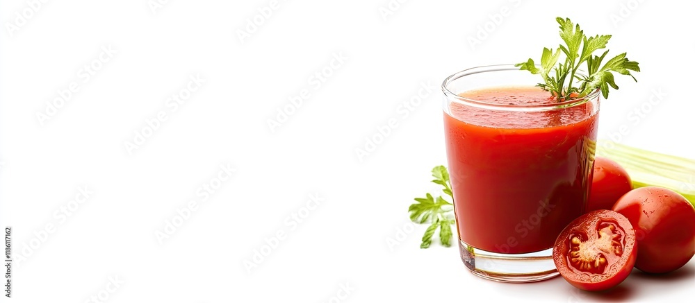 Poster glass of tomato juice with vegetables set against a white background. with copy space image. place f