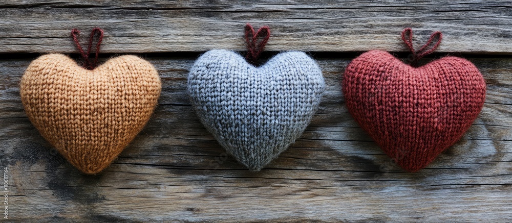 Poster Three Knitted Hearts on Wooden Planks. with copy space image. Place for adding text or design