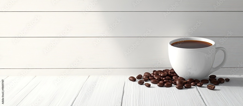 Aufkleber coffee cup with coffee beans set against a white wooden background. with copy space image. place for