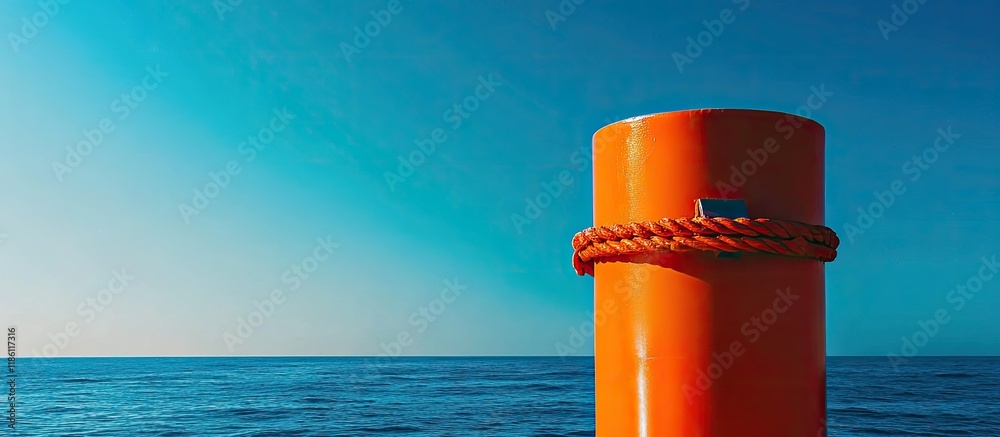 Poster part of a bright orange navigation buoy at sea sturdy large orange metal structures a clear blue sky