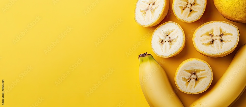 Fototapete top view of halved bananas and lemons isolated on yellow. with copy space image. place for adding te