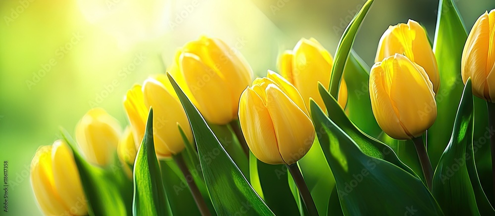 Fototapete Panorama frame Close up of tulips featuring vibrant yellow petals and green leaves in spring. with copy space image. Place for adding text or design