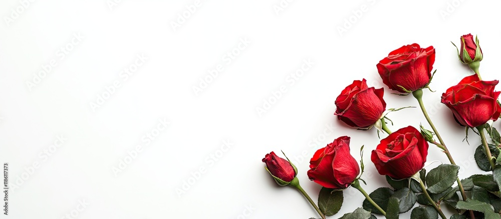 Fototapete a cluster of bright red roses next to a blank image featuring copy space on a simple white backgroun