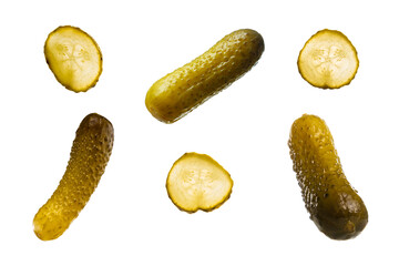 variation of cucumber dill pickle, chips and whole isolated on white background