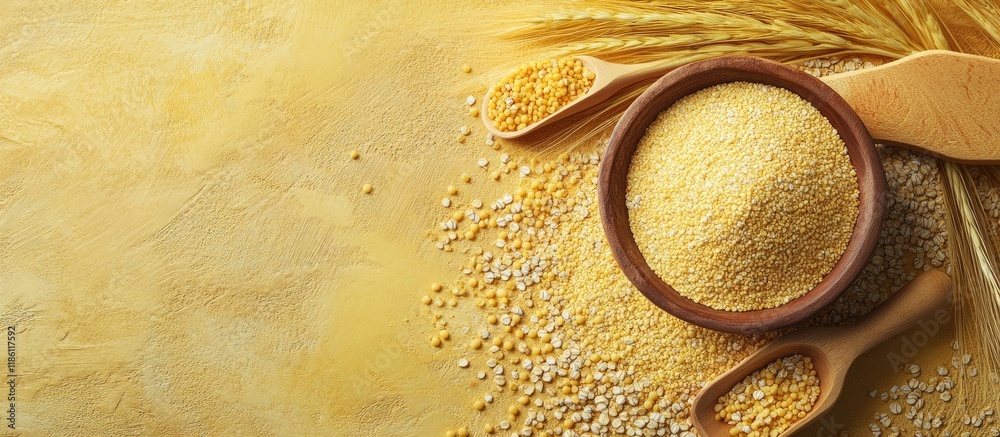 Poster yellow millet groats porridge oats and semolina an idea for healthy eating and nutrition. with copy 