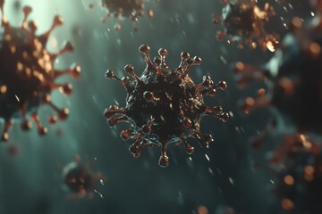 Viruses suspended in droplets of water, showcasing intricate structures and movements in a dynamic environment. Generative AI