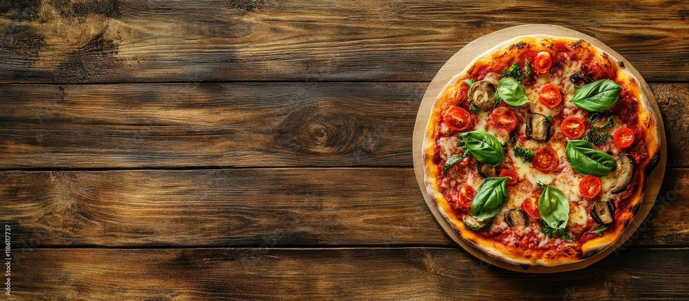 Aufkleber Brazilian vegan pizza on a wooden surface. with copy space image. Place for adding text or design