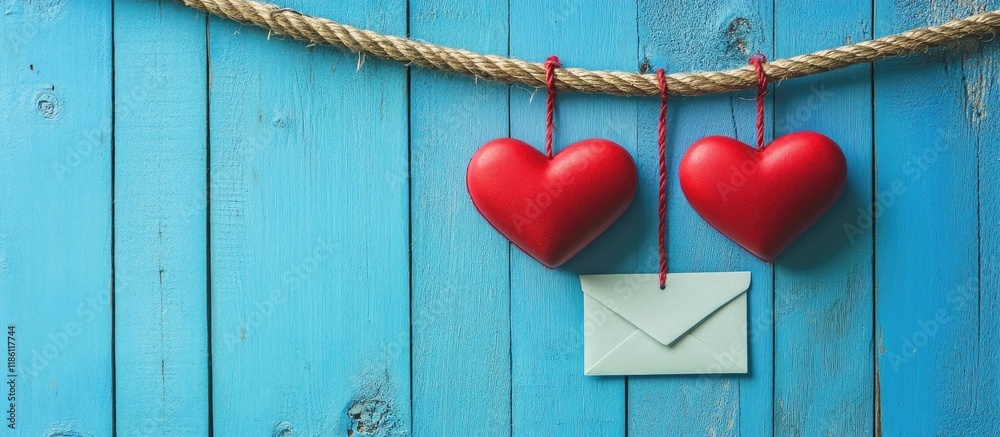 Poster Two red hearts and an envelope are suspended from a rope against a blue wooden backdrop. with copy space image. Place for adding text or design