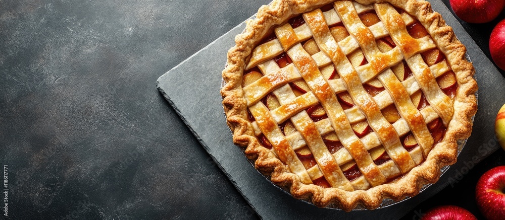 Aufkleber Homemade apple pie on a stone countertop Delicious breakfast creator s recipe. with copy space image. Place for adding text or design