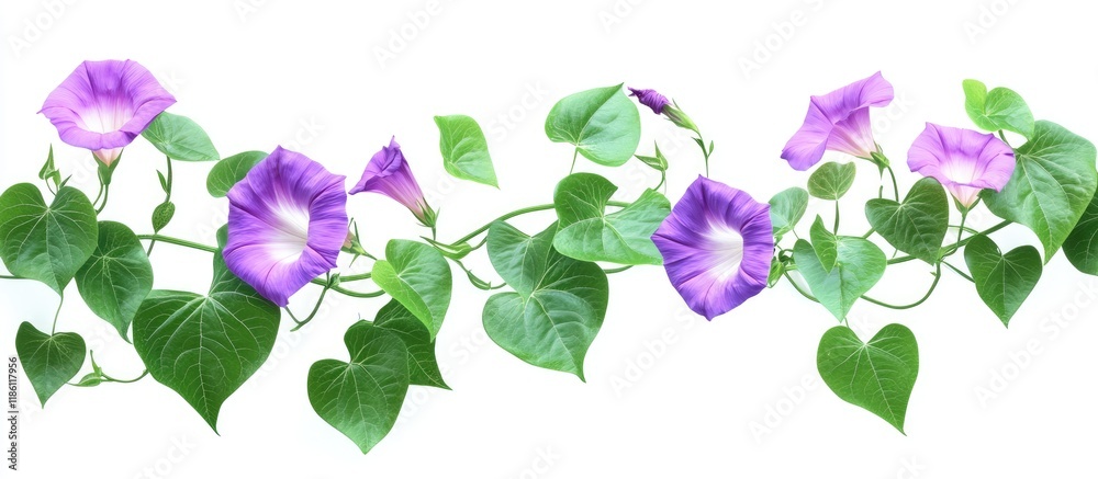 Fototapete Isolated Morning Glory with vines and leaves against a white background. with copy space image. Place for adding text or design