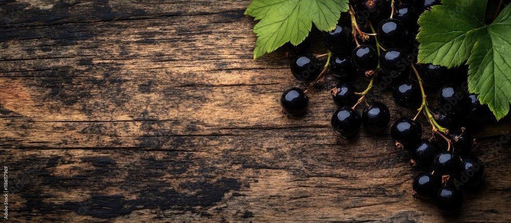 Poster black currant berries on a weathered wooden backdrop. with copy space image. place for adding text o