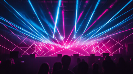 Obraz premium Laser show display with bright neon light beams crossing in geometric patterns on black background. Electric luminous blue and pink rays. Realistic dynamic setup for concert stage performances.