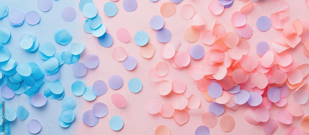 Poster Pastel festive background featuring multicolored confetti Copyspace for your text Flat lay style Top view