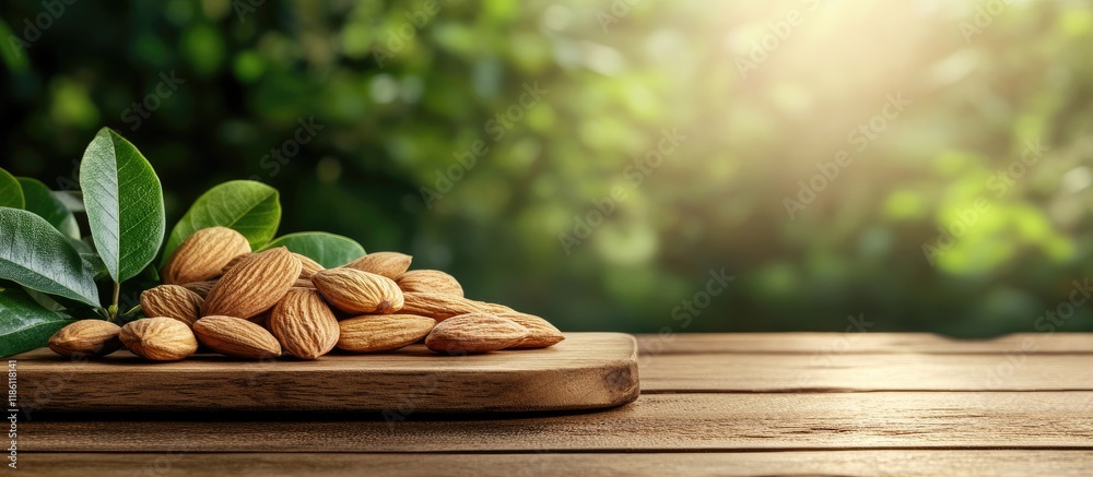 Poster almond nut on a wooden cutting board placed on a wooden table set against a background of green leav