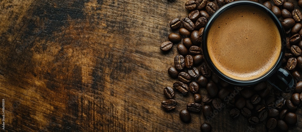 Aufkleber coffee beans beside a cup of coffee on a wooden surface. with copy space image. Place for adding text or design