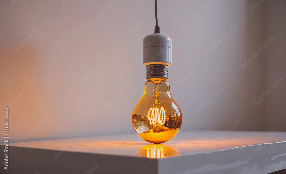 Leinwandbilder light bulb is lit up and has the letters w and o on it. it is hanging from a cord