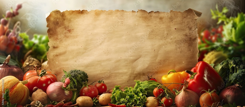 Poster An old vintage paper sheet held over an abundance of ripe vegetables Concept of a healthy vegetarian food recipe. with copy space image. Place for adding text or design
