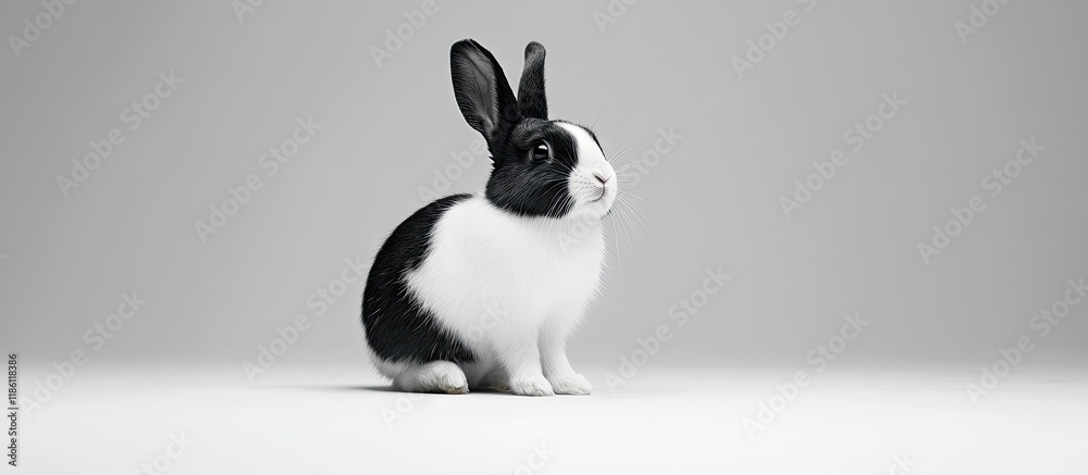 Poster adorable black and white rabbit on a white background. with copy space image. Place for adding text or design
