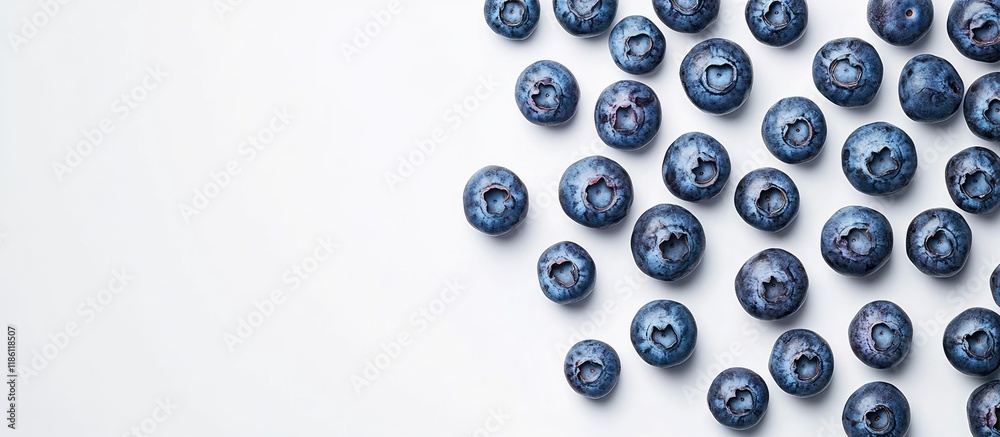 Fototapete fresh blueberries spread across a white background. with copy space image. place for adding text or 